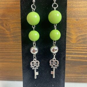 Hand Crafted Green Beaded Earrings with Silver Key Charms